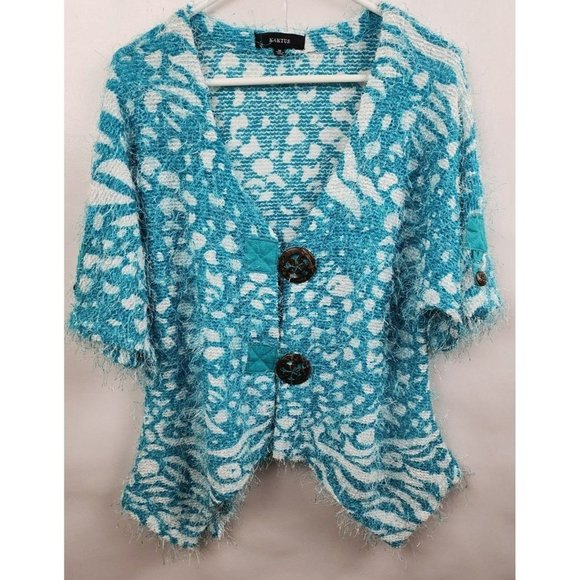 Kaktus Sweaters - KAKTUS Blue White Fuzzy Wood Button Uneven Lagenlook Cardigan Size Medium